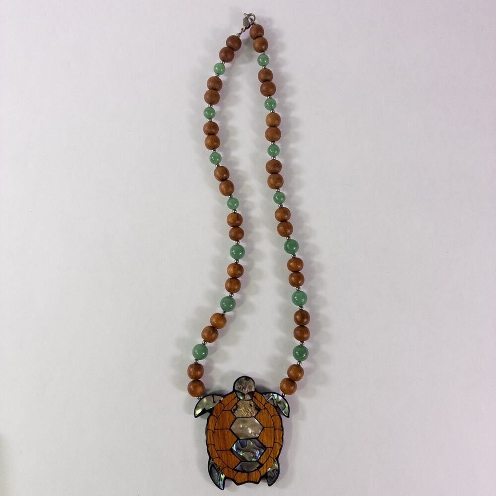 Lee Sands Turtle Necklace Abalone Inlay Bayong Wood Jade Beads 22" w/ Box - Picture 2 of 10